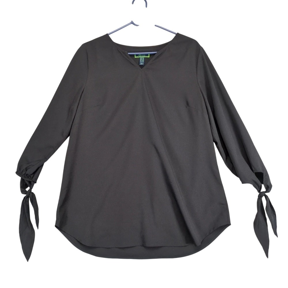 C Wonder Black V-Neck Flowy Blouse Womens 10 Tie Sleeve Lightweight Classic Chic